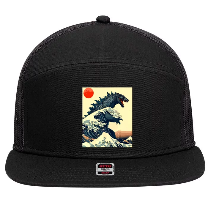 Hokusai The Great Kaiju Off Kanagawa Vintage Japanese Art 7 Panel Mesh Trucker Snapback Hat