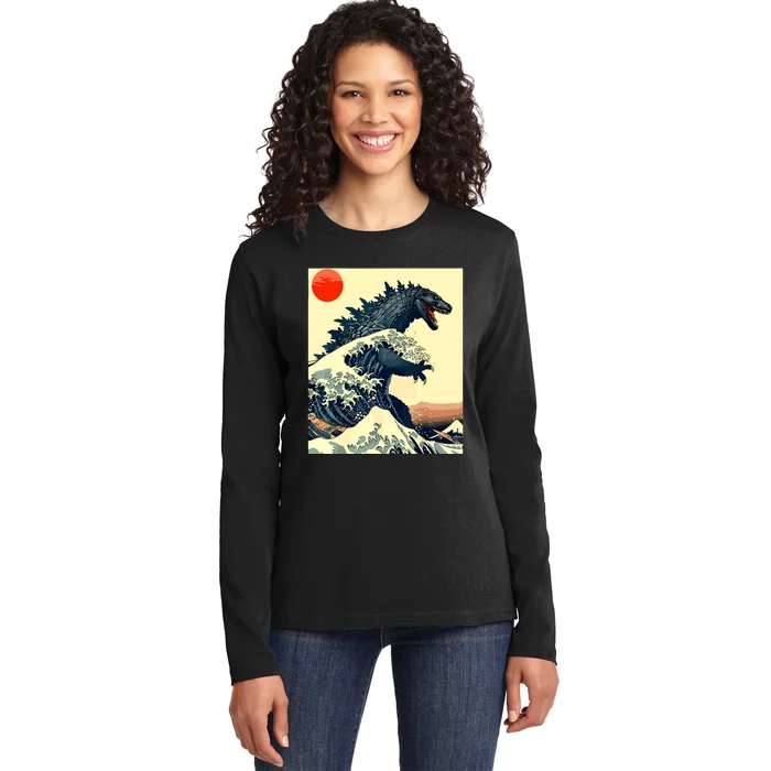 Hokusai The Great Kaiju Off Kanagawa Vintage Japanese Art Ladies Long Sleeve Shirt