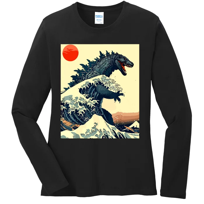 Hokusai The Great Kaiju Off Kanagawa Vintage Japanese Art Ladies Long Sleeve Shirt