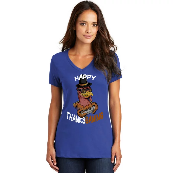 Happy Thanksgaming Gaming Video Game Gamer Thanksgiving Gift Women's V-Neck T-Shirt