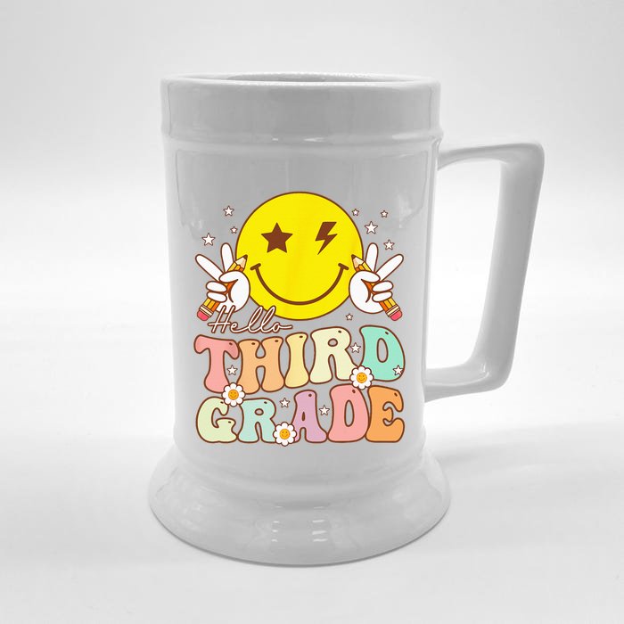 Hello Third Grade Hippie Smile Face 3rd Grade Back To School Front & Back Beer Stein