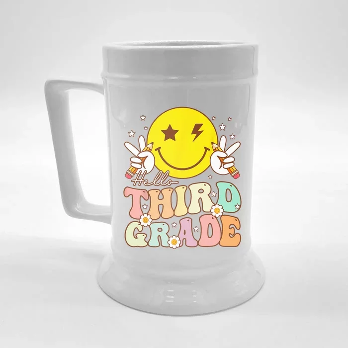 Hello Third Grade Hippie Smile Face 3rd Grade Back To School Front & Back Beer Stein