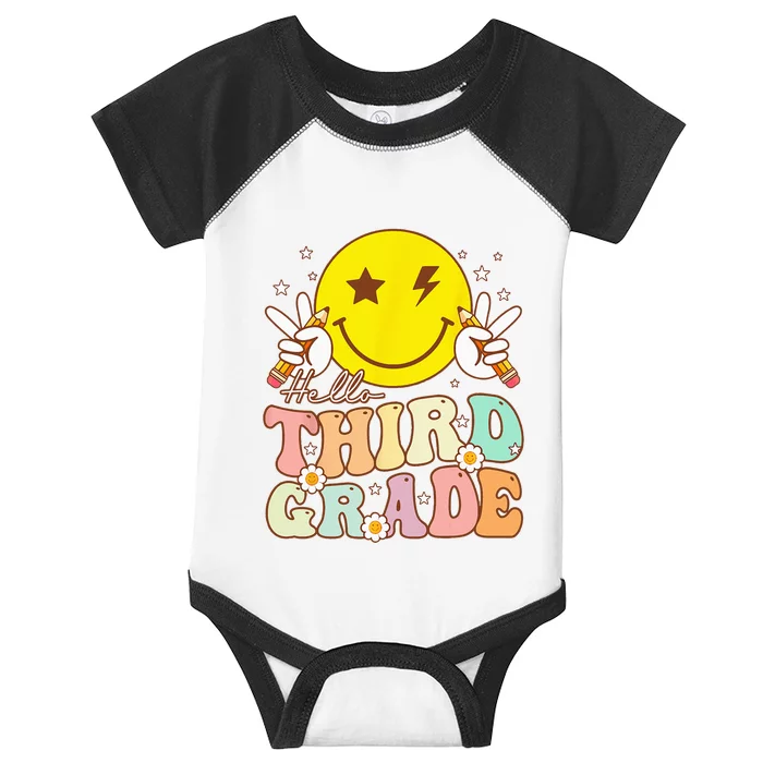 Hello Third Grade Hippie Smile Face 3rd Grade Back To School Infant Baby Jersey Bodysuit