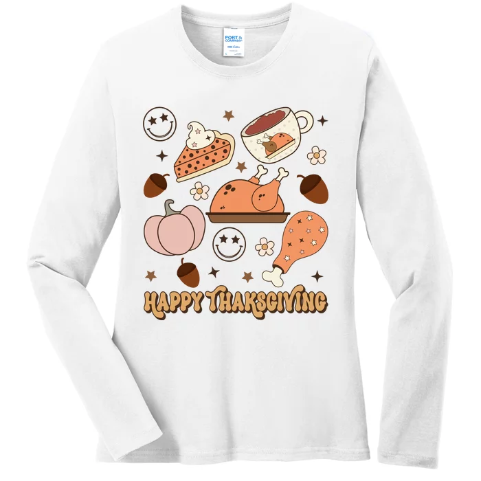 Happy Thanksgiving Groovy Family Thanksgiving Matching Outfits Ladies Long Sleeve Shirt