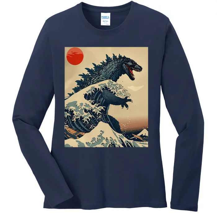 Hokusai The Great Kaiju Off Kanagawa Vintage Japanese Art Ladies Long Sleeve Shirt