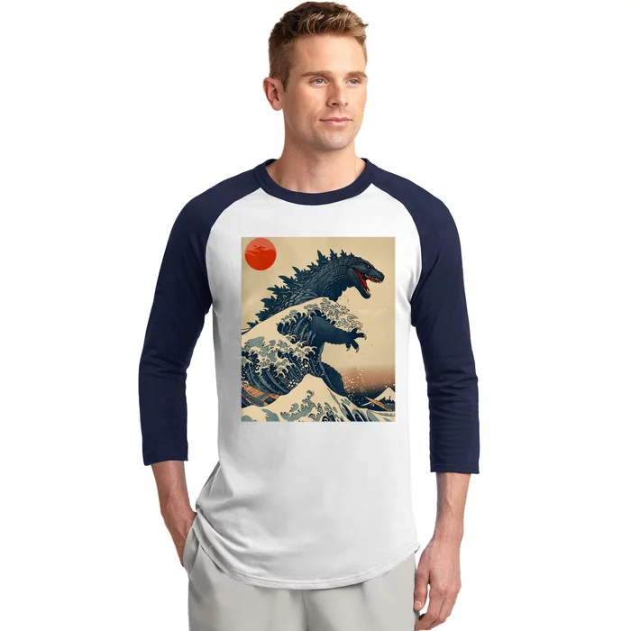 Hokusai The Great Kaiju Off Kanagawa Vintage Japanese Art Baseball Sleeve Shirt