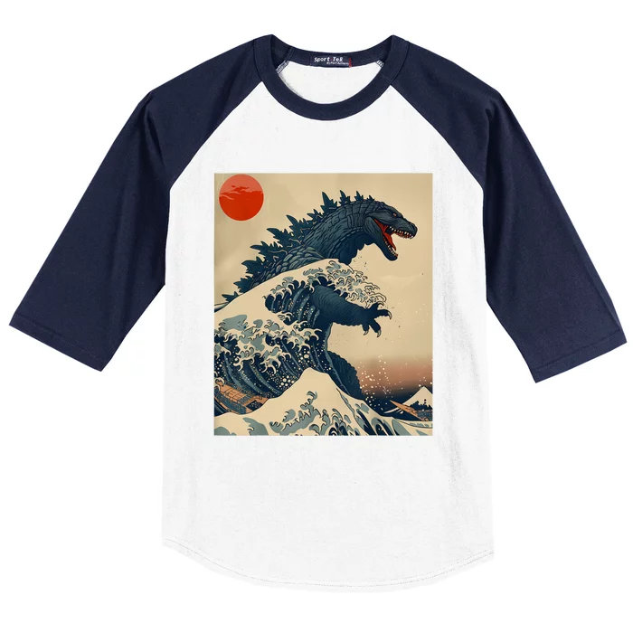 Hokusai The Great Kaiju Off Kanagawa Vintage Japanese Art Baseball Sleeve Shirt