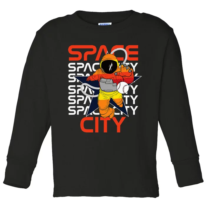 H Town Houston Space City Vintage Baseball Astronaut Toddler Long Sleeve Shirt