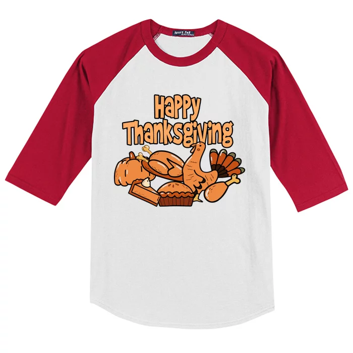 Happy Thanksgiving Holiday Festive Turkey Kids Colorblock Raglan Jersey