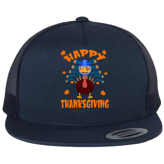 Happy Thanksgiving Hockey Lover Turkey Playing Hockey Gift Flat Bill Trucker Hat