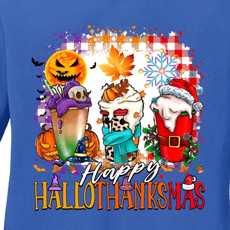 Halloween Thanksgiving Happy Hallothanksmas Coffee Latte Gift Ladies Long Sleeve Shirt