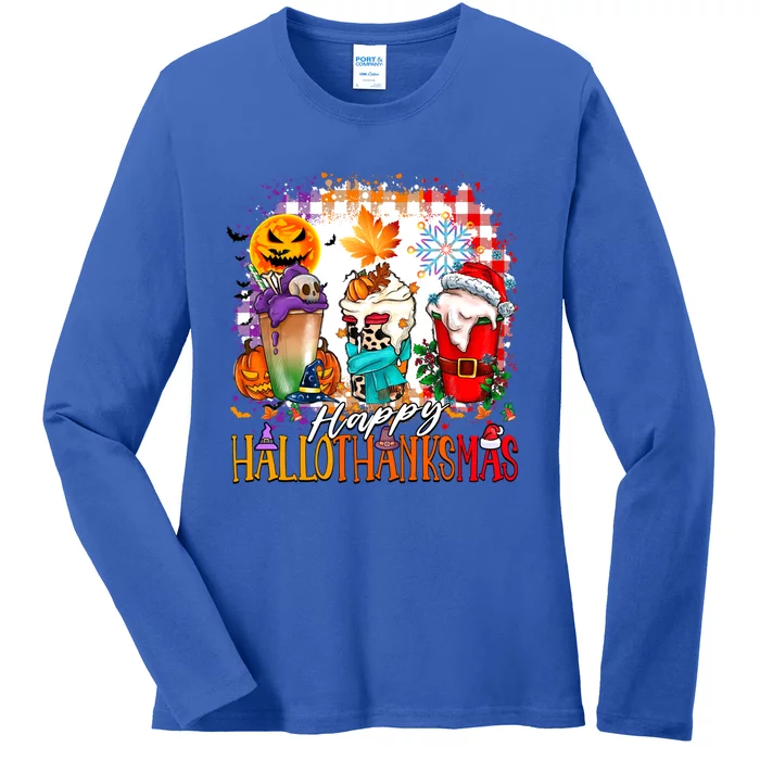 Halloween Thanksgiving Happy Hallothanksmas Coffee Latte Gift Ladies Long Sleeve Shirt