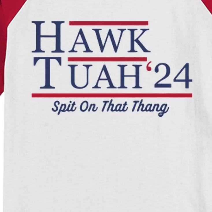 Hawk Tuah Hawk Tuah 2024 Spit On That Thang Kids Colorblock Raglan Jersey