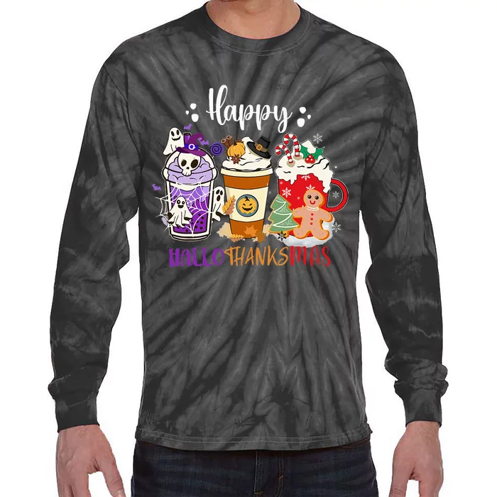 Halloween Thanksgiving Happy HalloThanksMas Coffee Latte Tie-Dye Long Sleeve Shirt