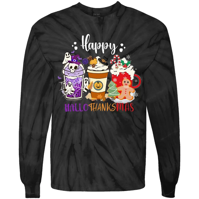 Halloween Thanksgiving Happy HalloThanksMas Coffee Latte Tie-Dye Long Sleeve Shirt