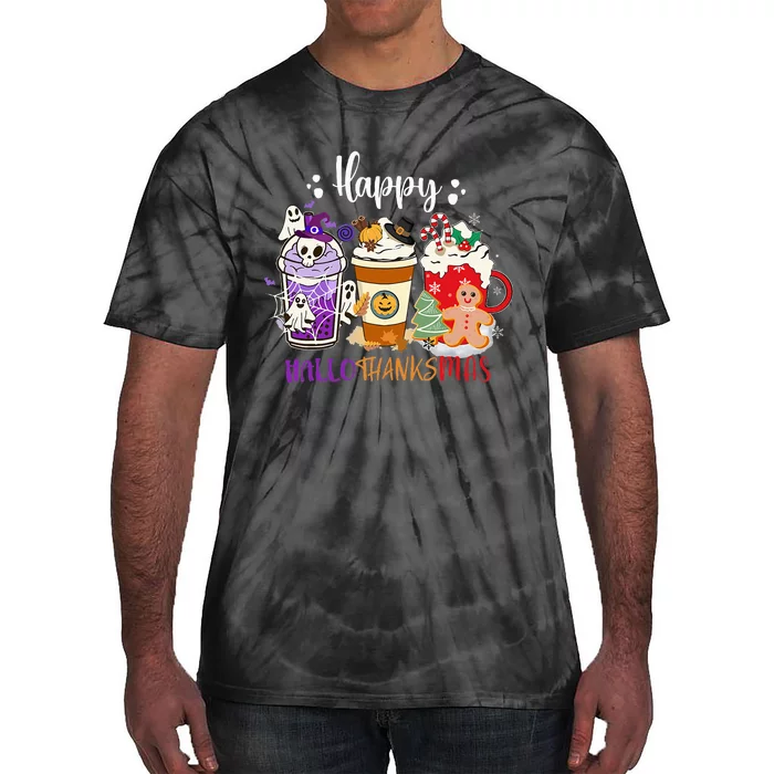 Halloween Thanksgiving Happy HalloThanksMas Coffee Latte Tie-Dye T-Shirt