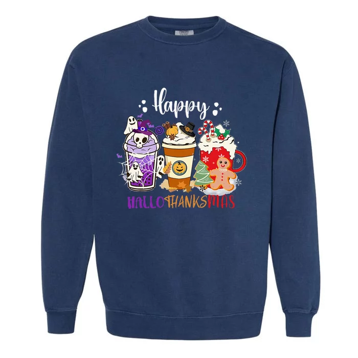 Halloween Thanksgiving Happy HalloThanksMas Coffee Latte Garment-Dyed Sweatshirt