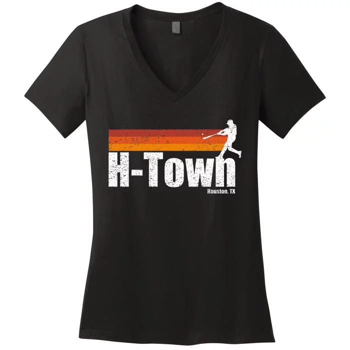 H Town Houston City Texas Baseball Vintage Stripes Women's V-Neck T-Shirt