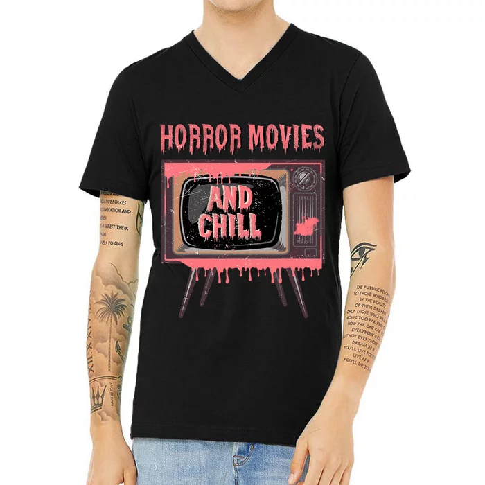 Halloween Television Horror Movies And Chill Creepy Film V-Neck T-Shirt