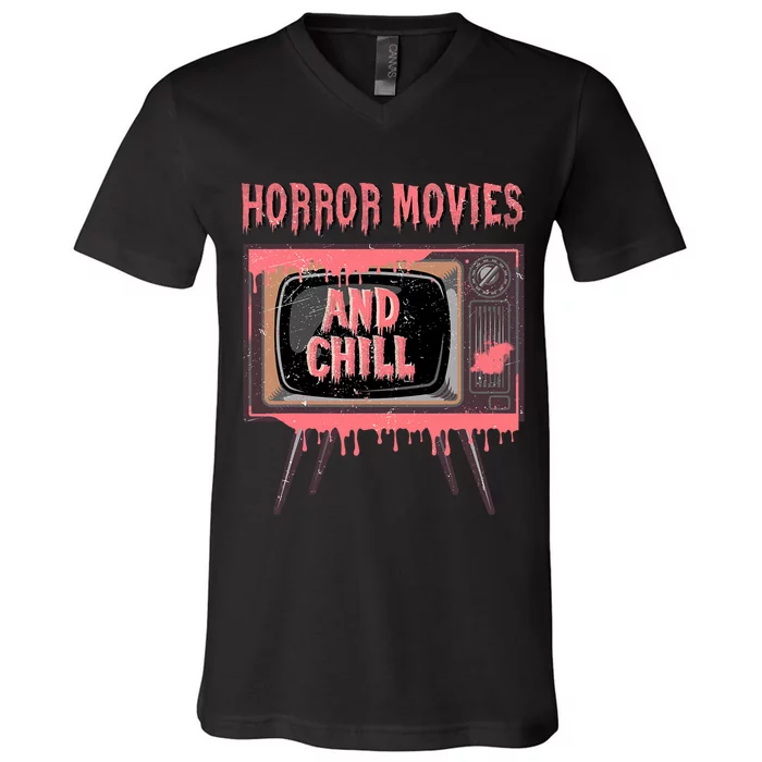 Halloween Television Horror Movies And Chill Creepy Film V-Neck T-Shirt