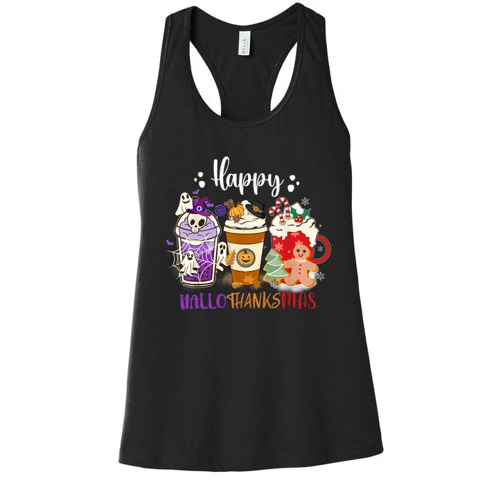 Halloween Thanksgiving Happy HalloThanksMas Coffee Latte Women's Racerback Tank