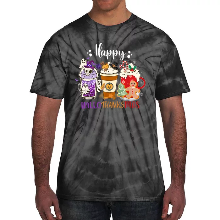 Halloween Thanksgiving Happy HalloThanksMas Coffee Latte Tie-Dye T-Shirt