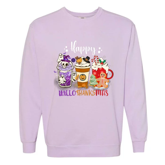 Halloween Thanksgiving Happy HalloThanksMas Coffee Latte Garment-Dyed Sweatshirt