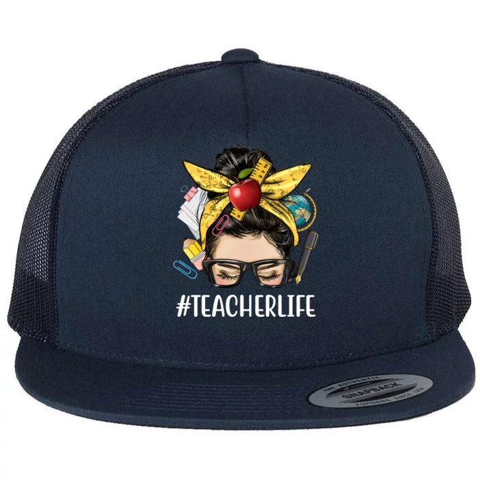 Hashtag Teacher Life Hair Bun Gift For Teacher Flat Bill Trucker Hat