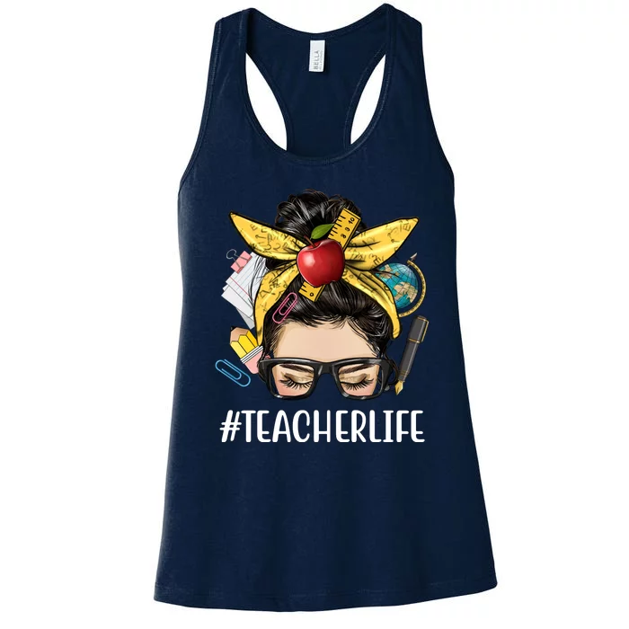 Hashtag Teacher Life Hair Bun Gift For Teacher Women's Racerback Tank