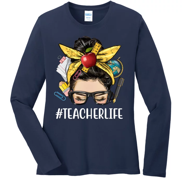 Hashtag Teacher Life Hair Bun Gift For Teacher Ladies Long Sleeve Shirt