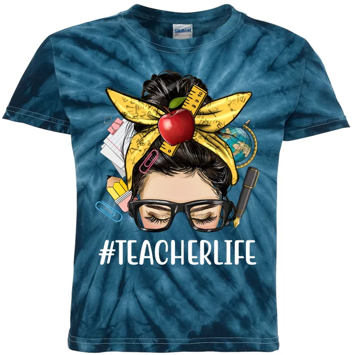 Hashtag Teacher Life Hair Bun Gift For Teacher Kids Tie-Dye T-Shirt