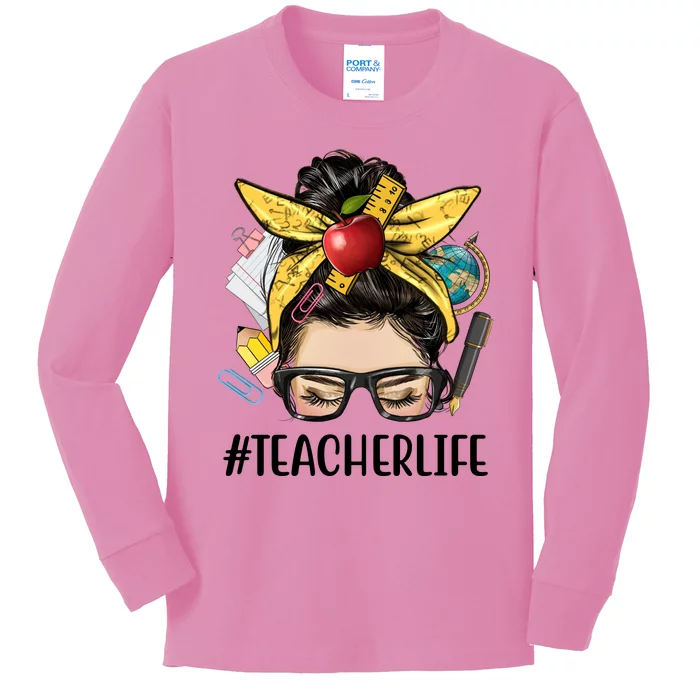 Hashtag Teacher Life Hair Bun Gift For Teacher Kids Long Sleeve Shirt