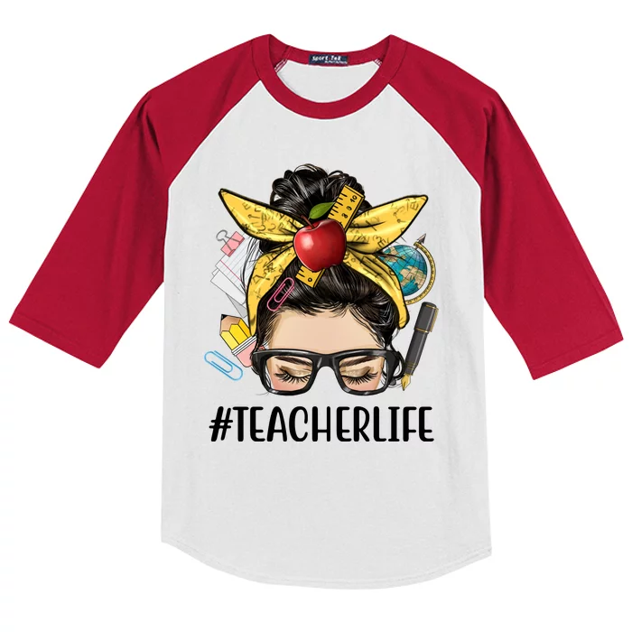 Hashtag Teacher Life Hair Bun Gift For Teacher Kids Colorblock Raglan Jersey