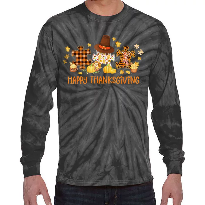 Happy Thanksgiving Leopard Autism Awareness Fall Autumn Tie-Dye Long Sleeve Shirt