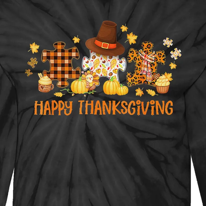 Happy Thanksgiving Leopard Autism Awareness Fall Autumn Tie-Dye Long Sleeve Shirt