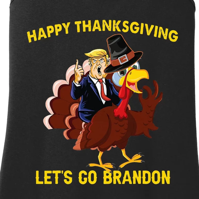 Happy Thanksgiving Lets Go Brandon Funny Trump Riding Turkey Ladies Essential Tank