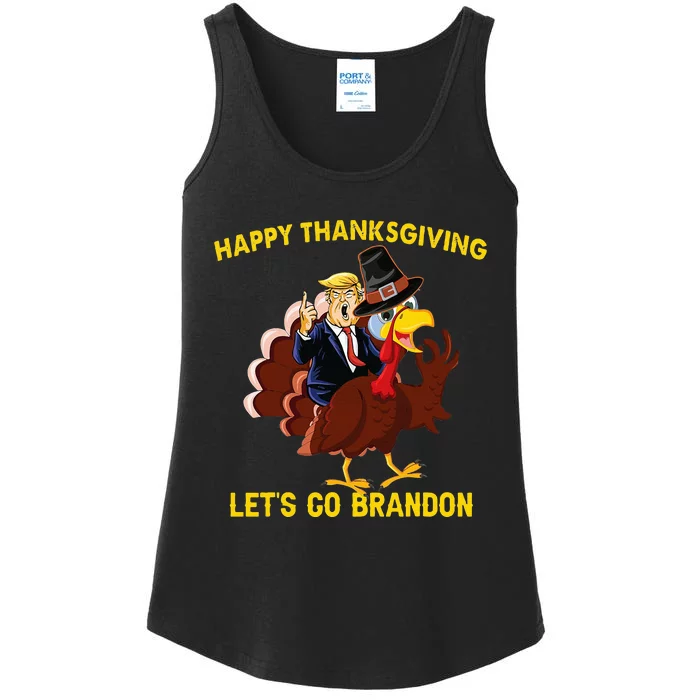 Happy Thanksgiving Lets Go Brandon Funny Trump Riding Turkey Ladies Essential Tank