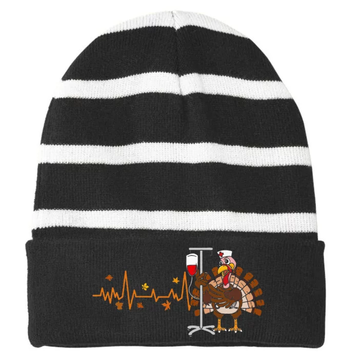 Heartbeat Turkey Nurse Thanksgiving Scrub Top Fall Rn Icu Er Striped Beanie with Solid Band