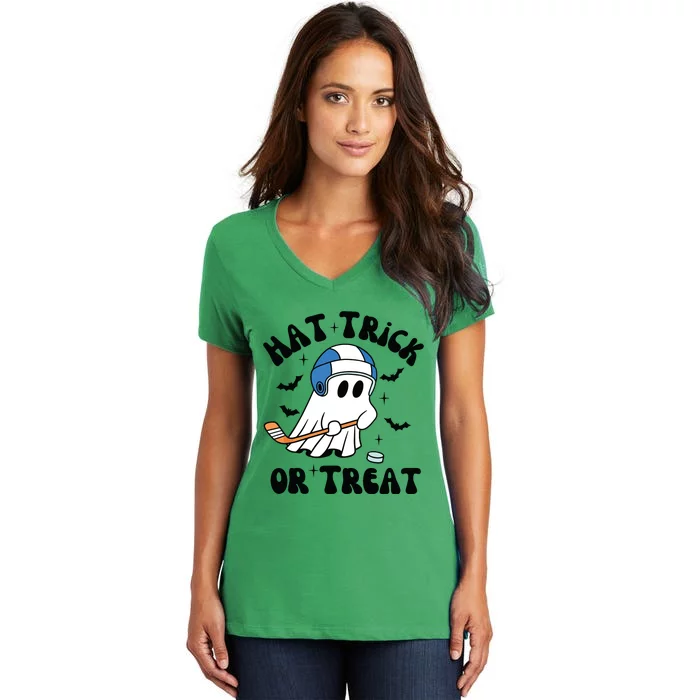 Hat Trick Or Treat Hilarious Hockey Halloween Family Women's V-Neck T-Shirt