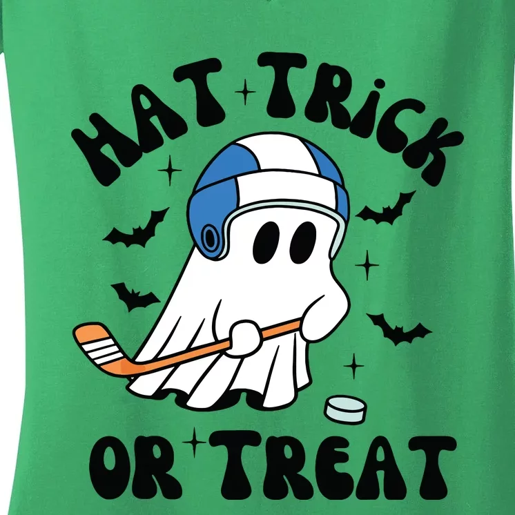 Hat Trick Or Treat Hilarious Hockey Halloween Family Women's V-Neck T-Shirt