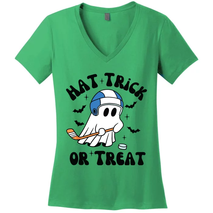 Hat Trick Or Treat Hilarious Hockey Halloween Family Women's V-Neck T-Shirt