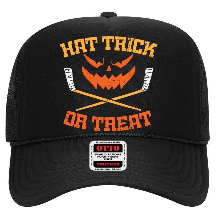 Hat Trick Or Treat Ice Hockey Halloween Boy Player Coach High Crown Mesh Trucker Hat