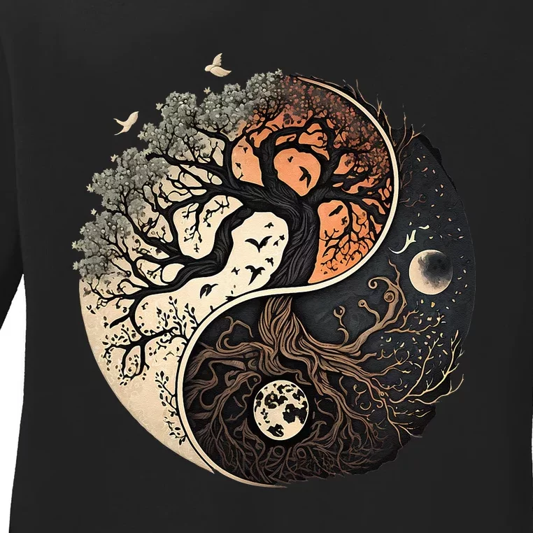 Harmonious Tree Of Life Yin Yang Black Ladies Long Sleeve Shirt