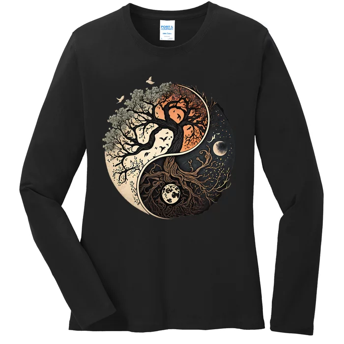 Harmonious Tree Of Life Yin Yang Black Ladies Long Sleeve Shirt