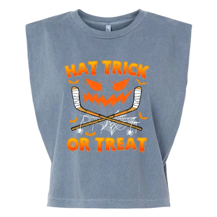 Hat Trick Or Treat Funny Ice Hockey Halloween Costume Player Garment-Dyed Women's Muscle Tee