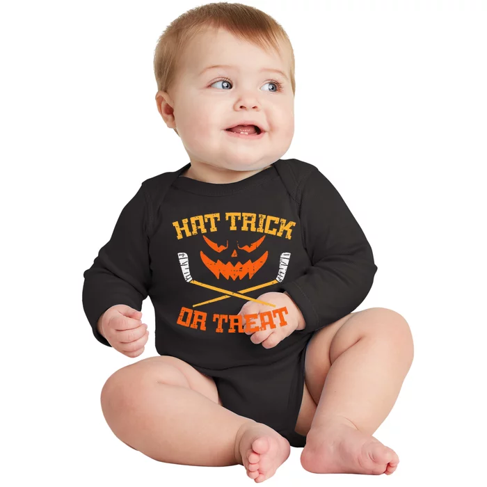 Hat Trick Or Treat Ice Hockey Halloween Player Coach Baby Long Sleeve Bodysuit