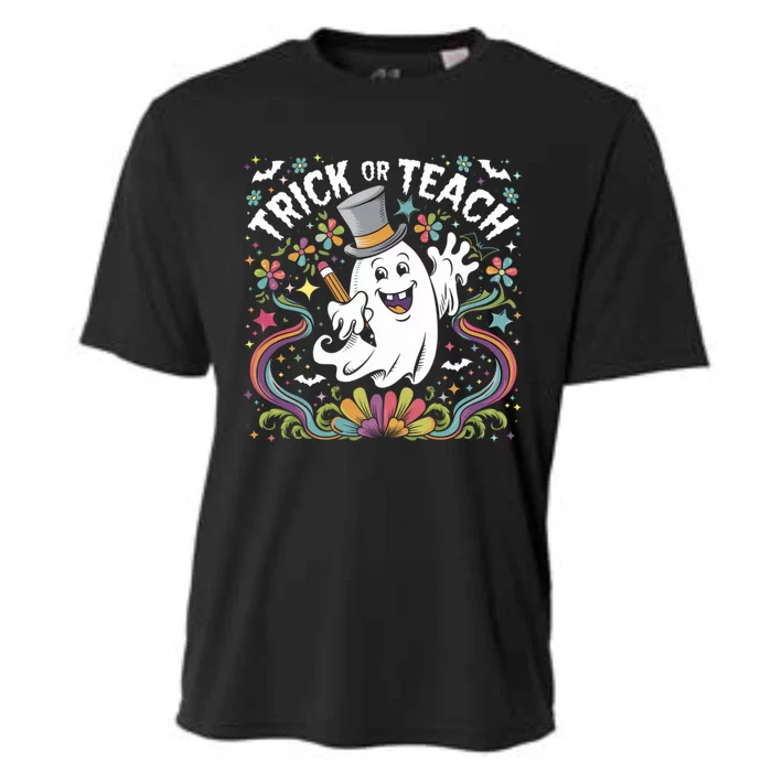 Halloween Trick Or Teach Groovy Retro Ghost Floral Teacher Gift Cooling Performance Crew T-Shirt