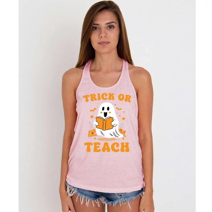 Halloween Trick Or Teach Groovy Teacher Ghost Reading Book Gift Women's Knotted Racerback Tank