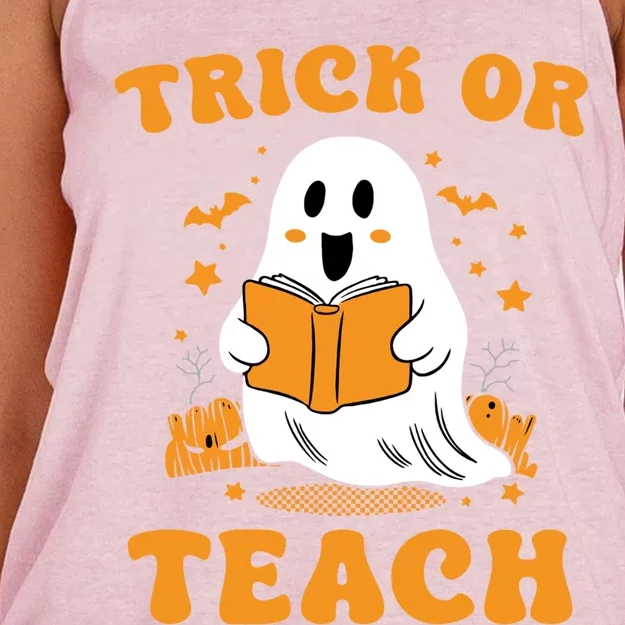 Halloween Trick Or Teach Groovy Teacher Ghost Reading Book Gift Women's Knotted Racerback Tank