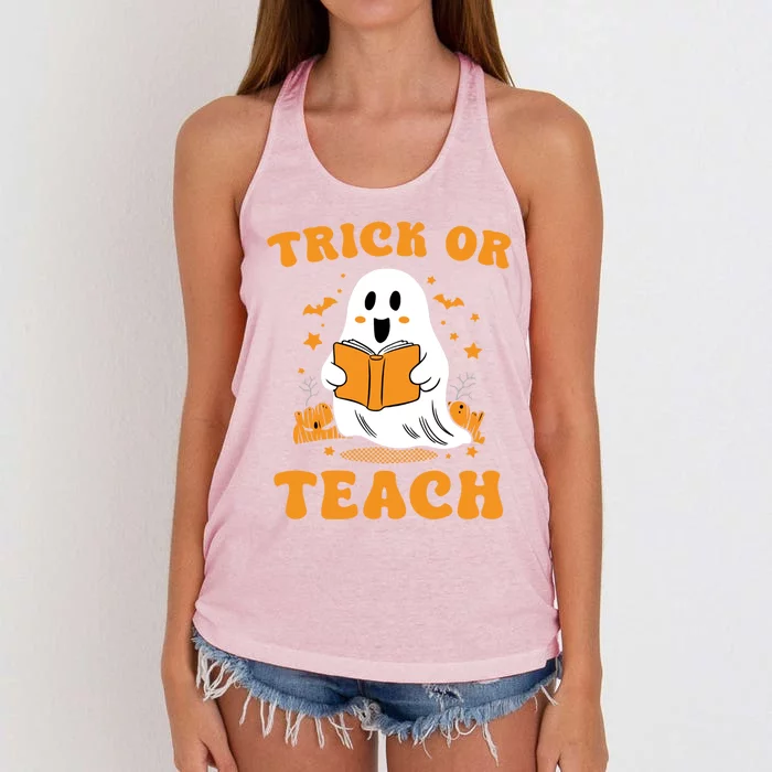 Halloween Trick Or Teach Groovy Teacher Ghost Reading Book Gift Women's Knotted Racerback Tank